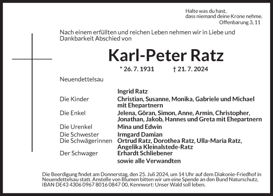 Traueranzeige von Karl-Peter Ratz von Ansbach