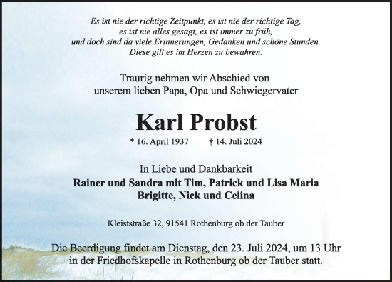 Traueranzeige von Karl Probst von Rothenburg