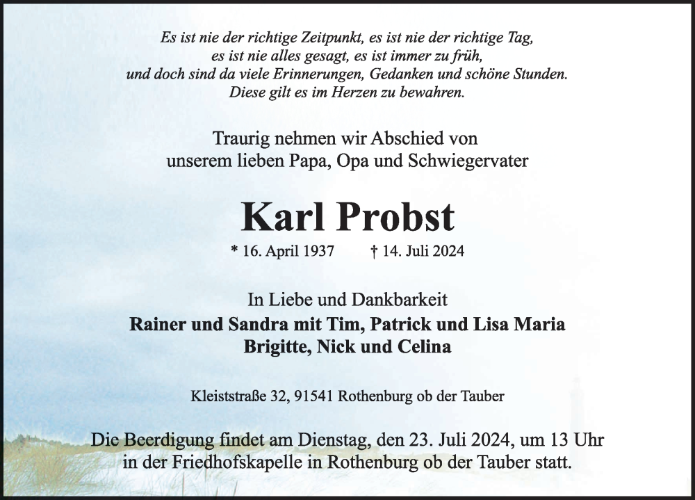  Traueranzeige für Karl Probst vom 18.07.2024 aus Rothenburg