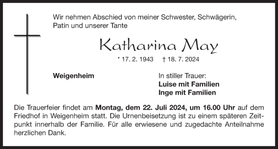 Traueranzeige von Katharina May von Neustadt/ Scheinfeld/ Uffenheim