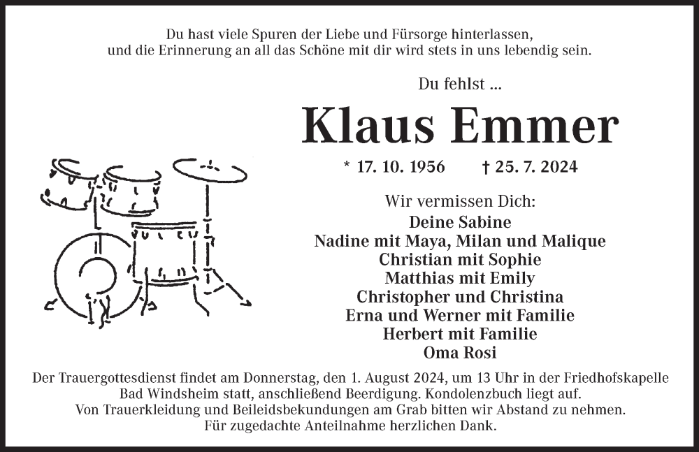  Traueranzeige für Klaus Emmer vom 30.07.2024 aus Neustadt/ Scheinfeld/ Uffenheim