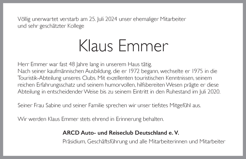  Traueranzeige für Klaus Emmer vom 30.07.2024 aus Neustadt/ Scheinfeld/ Uffenheim