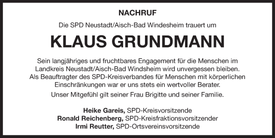 Traueranzeige von Klaus Grundmann von Neustadt/ Scheinfeld/ Uffenheim