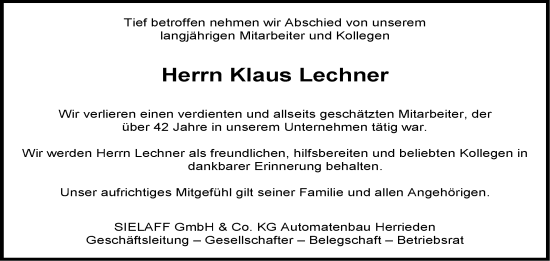 Traueranzeige von Klaus Lechner von Dinkelsbühl/ Feuchtwangen