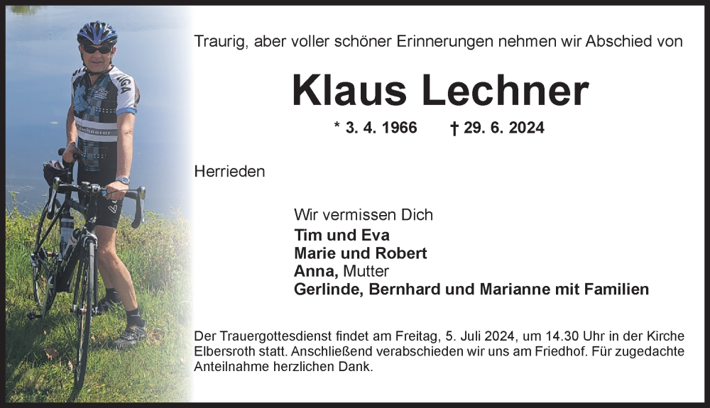  Traueranzeige für Klaus Lechner vom 04.07.2024 aus Ansbach