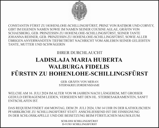 Traueranzeige von Ladislaja Maria Huberta Walburga Fidelis Fürstin zu Hohenlohe-Schillingsfürst von GE