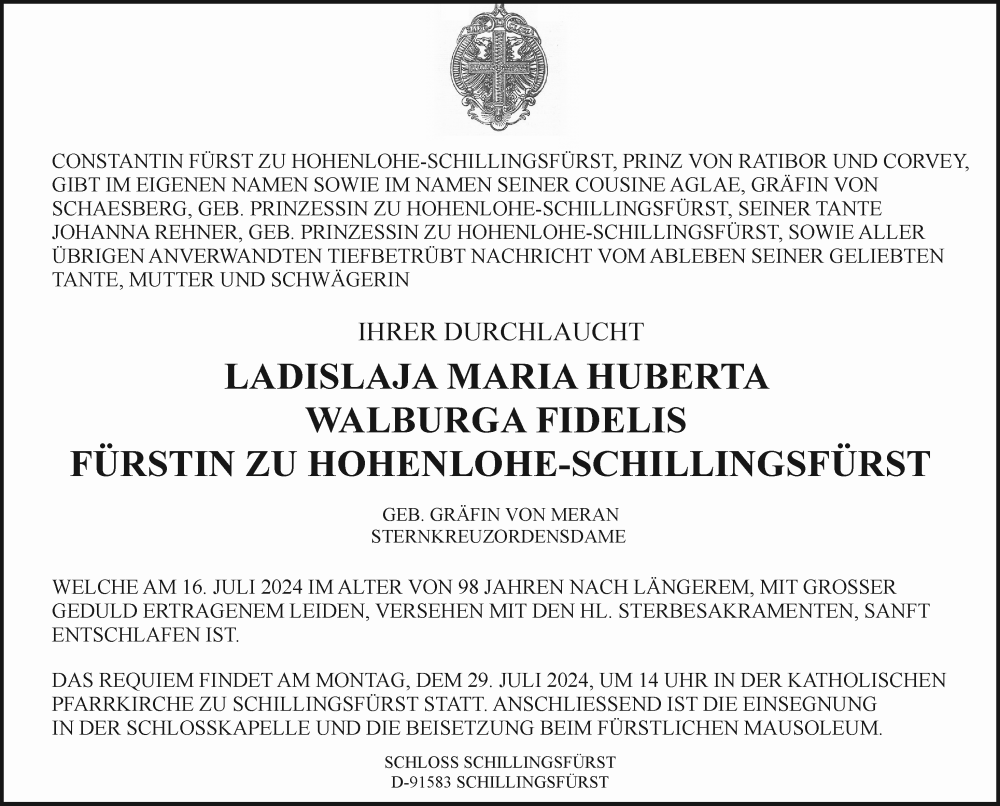  Traueranzeige für Ladislaja Maria Huberta Walburga Fidelis Fürstin zu Hohenlohe-Schillingsfürst vom 26.07.2024 aus GE