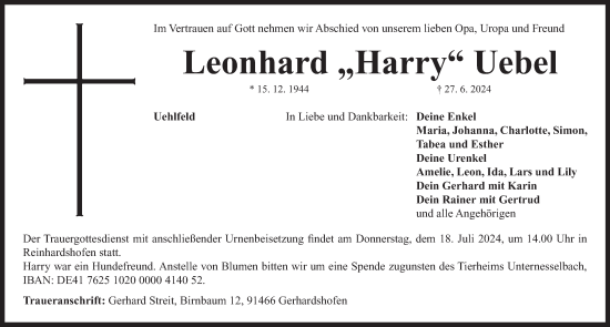 Traueranzeige von Leonhard Uebel von Neustadt/ Scheinfeld/ Uffenheim