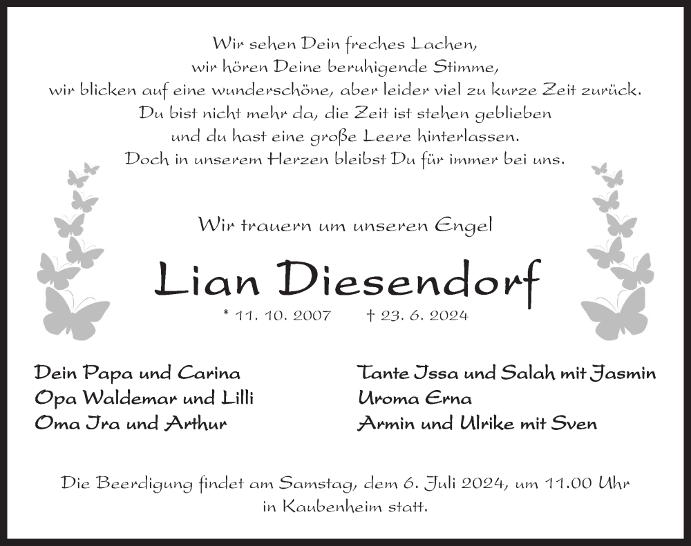  Traueranzeige für Lian Diesendorf vom 04.07.2024 aus Neustadt/ Scheinfeld/ Uffenheim