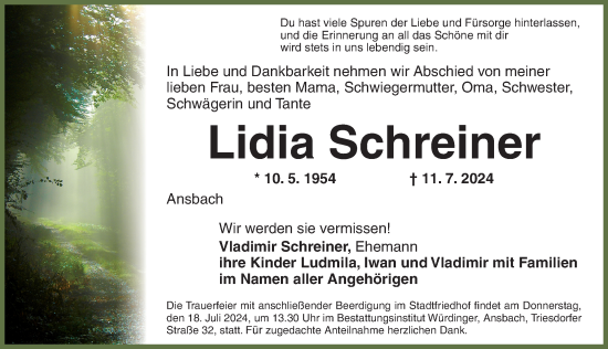 Traueranzeige von Lidia Schreiner von Ansbach