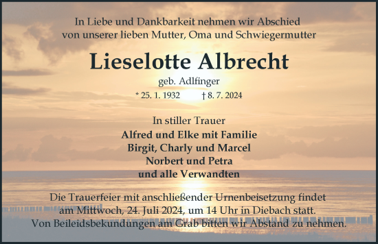 Traueranzeige von Lieselotte Albrecht von Rothenburg