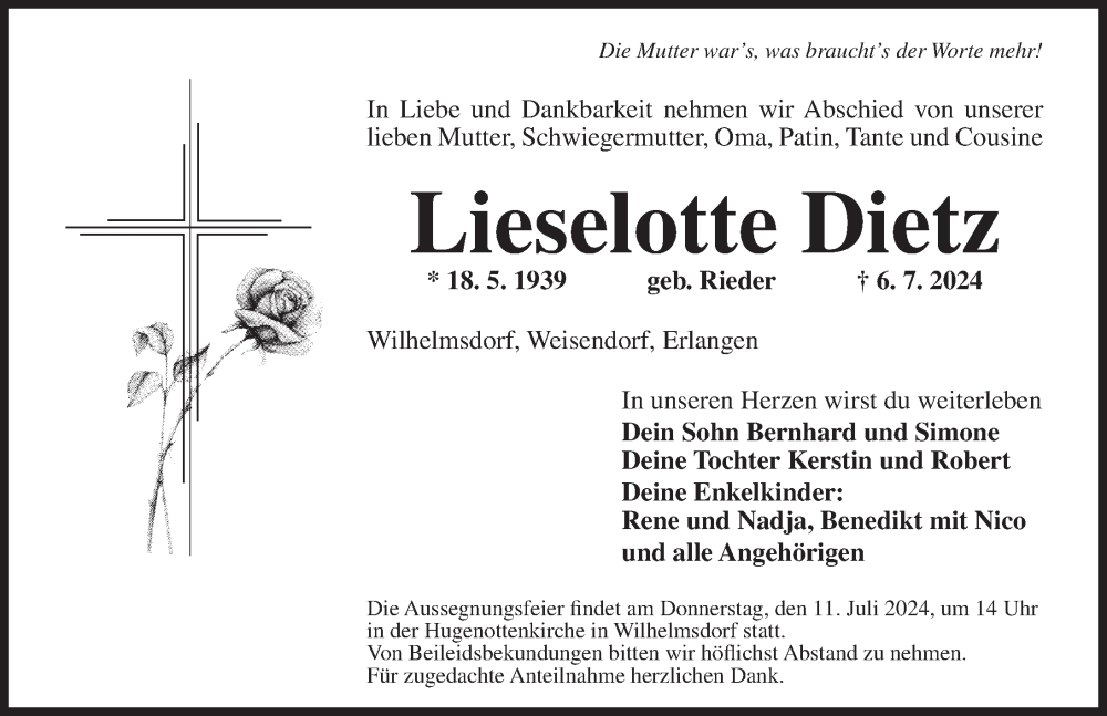  Traueranzeige für Lieselotte Dietz vom 09.07.2024 aus Neustadt/ Scheinfeld/ Uffenheim