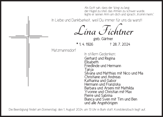 Traueranzeige von Lina Fichtner von Dinkelsbühl/ Feuchtwangen