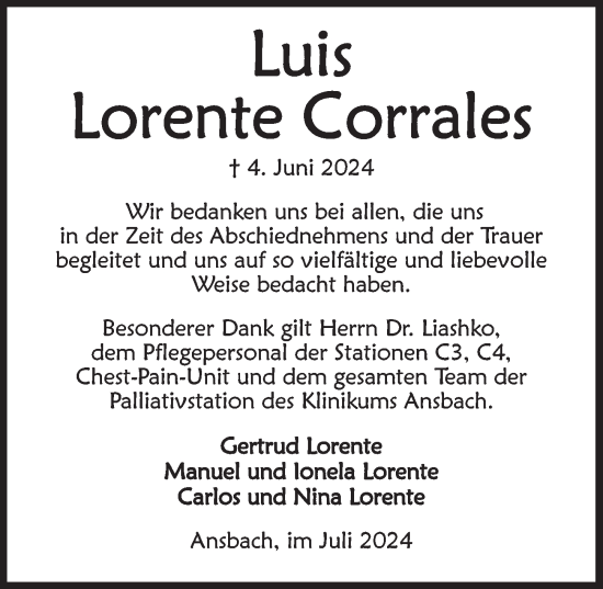 Traueranzeige von Lorente Corrales von Ansbach