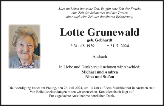 Traueranzeige von Lotte Grunewald von Ansbach