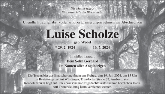 Traueranzeige von Luise Scholze von Ansbach