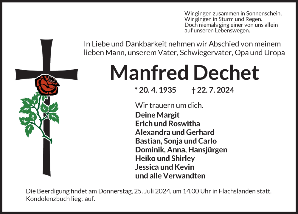  Traueranzeige für Manfred Dechet vom 24.07.2024 aus Ansbach