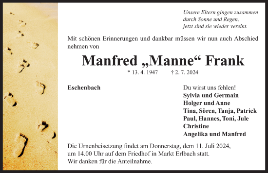 Traueranzeige von Manfred  Frank von Neustadt/ Scheinfeld/ Uffenheim