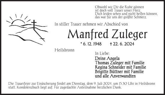 Traueranzeige von Manfred Zuleger von Ansbach