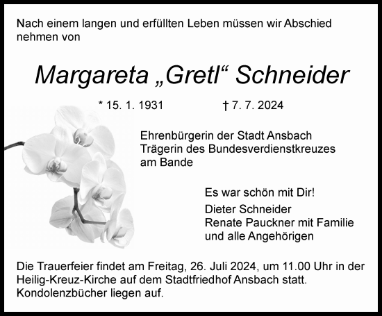 Traueranzeige von Margareta  Schneider von Ansbach