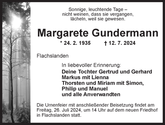 Traueranzeige von Margarete Gundermann von Ansbach