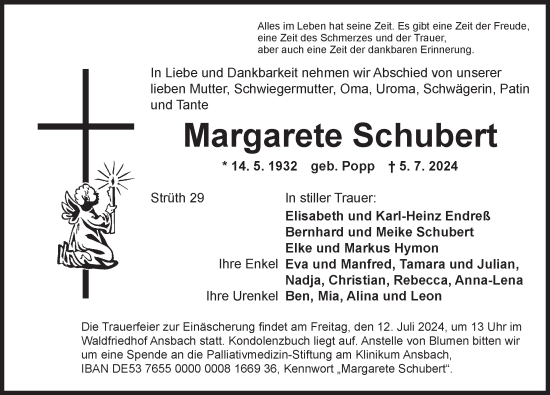 Traueranzeige von Margarete Schubert von Ansbach