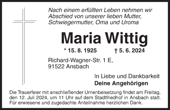 Traueranzeige von Maria Wittig von Ansbach