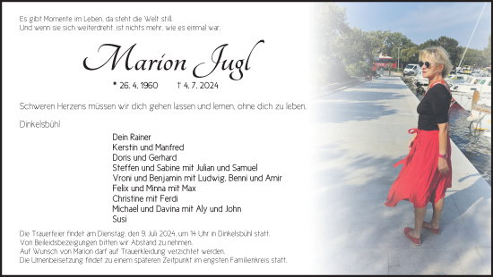 Traueranzeige von Marion Jugl von Dinkelsbühl/ Feuchtwangen