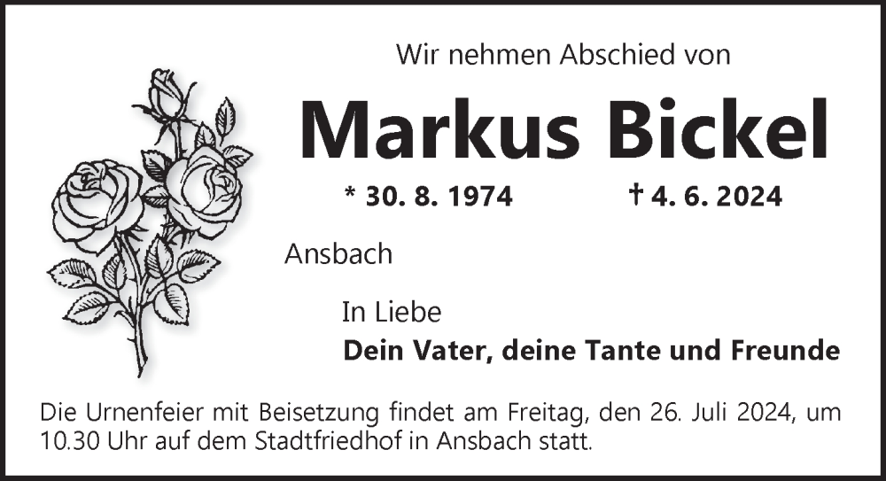  Traueranzeige für Markus Bickel vom 23.07.2024 aus Ansbach