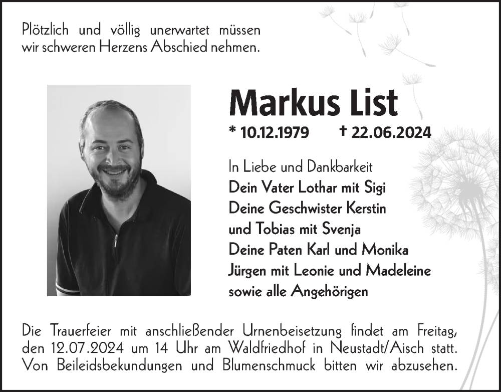  Traueranzeige für Markus List vom 09.07.2024 aus Neustadt/ Scheinfeld/ Uffenheim