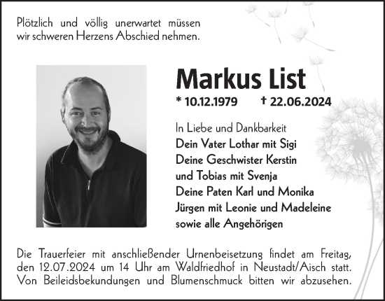 Traueranzeige von Markus List von Neustadt/ Scheinfeld/ Uffenheim