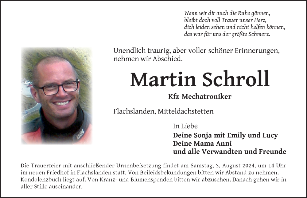  Traueranzeige für Martin Schroll vom 31.07.2024 aus Ansbach