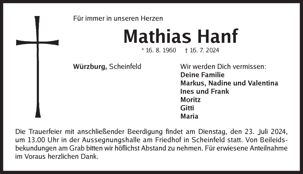  Traueranzeige für Mathias Hanf vom 20.07.2024 aus Neustadt/ Scheinfeld/ Uffenheim