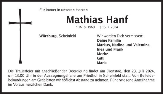 Traueranzeige von Mathias Hanf von Neustadt/ Scheinfeld/ Uffenheim