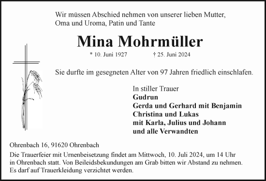 Traueranzeige von Mina Mohrmüller von Rothenburg