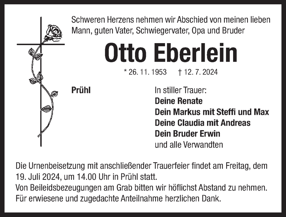  Traueranzeige für Otto Eberlein vom 17.07.2024 aus Neustadt/ Scheinfeld/ Uffenheim