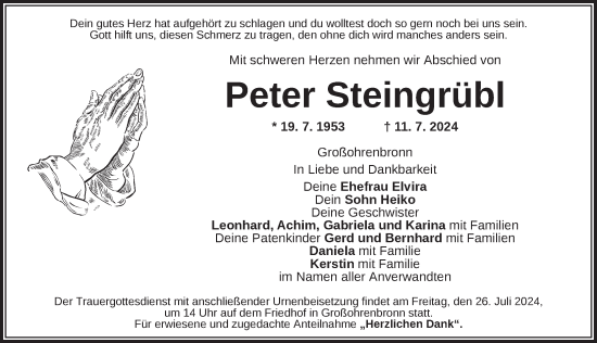 Traueranzeige von Peter Steingrübl von Dinkelsbühl/ Feuchtwangen