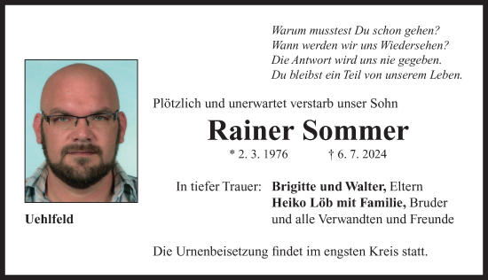 Traueranzeige von Rainer Sommer von Neustadt/ Scheinfeld/ Uffenheim