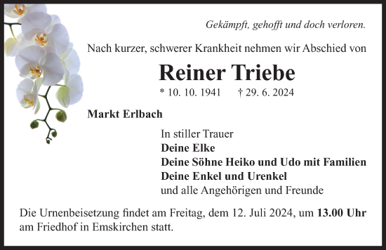 Traueranzeige von Reiner Triebe von Neustadt/ Scheinfeld/ Uffenheim
