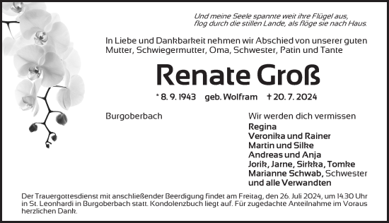 Traueranzeige von Renate Groß von Ansbach