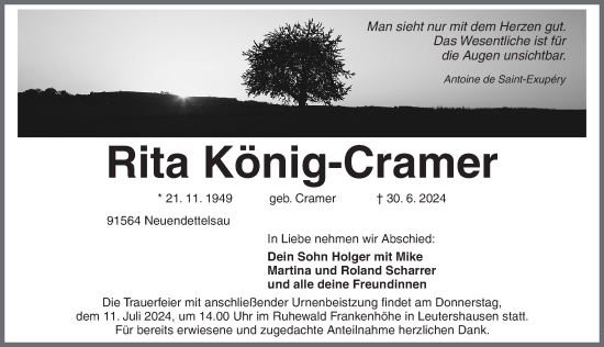 Traueranzeige von Rita König-Cramer von Ansbach