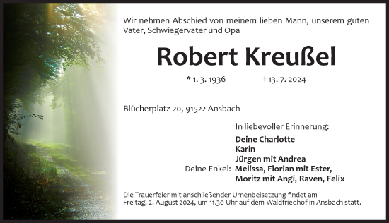 Traueranzeige von Robert Kreußel von Ansbach