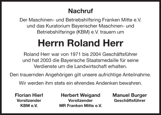 Traueranzeige von Roland Herr von Neustadt/ Scheinfeld/ Uffenheim