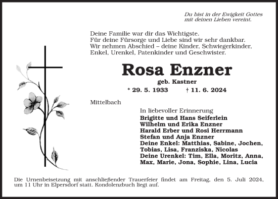 Traueranzeige von Rosa Enzner von Ansbach