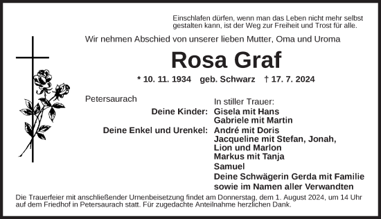 Traueranzeige von Rosa Graf von Ansbach