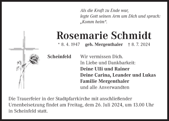 Traueranzeige von Rosemarie Schmidt von Neustadt/ Scheinfeld/ Uffenheim