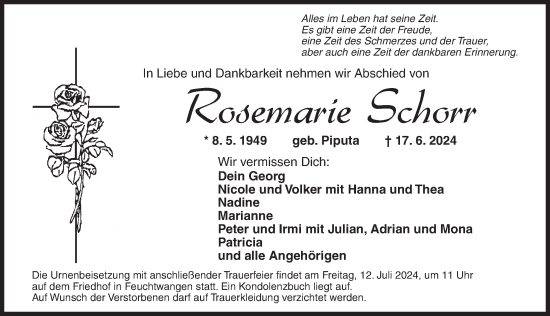 Traueranzeige von Rosemarie Schorr von Dinkelsbühl/ Feuchtwangen