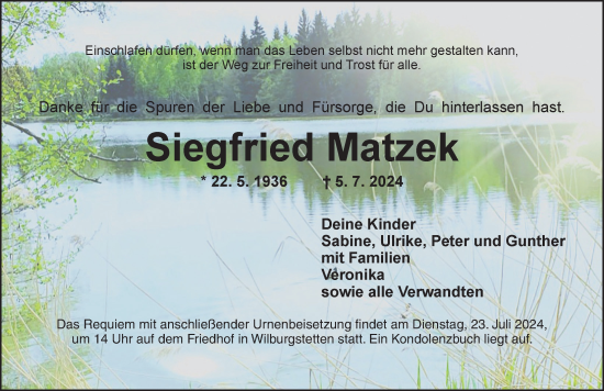 Traueranzeige von Siegfried Matzek von Dinkelsbühl/ Feuchtwangen