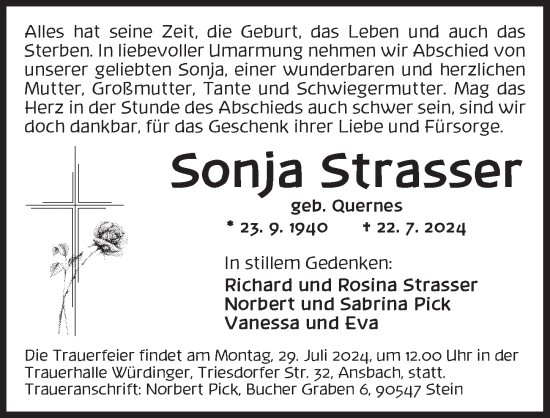 Traueranzeige von Sonja Strasser von Ansbach