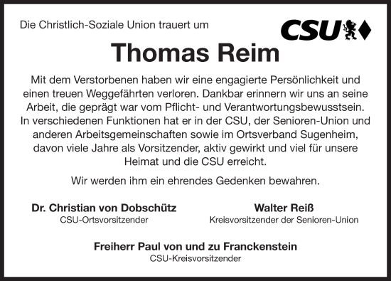 Traueranzeige von Thomas Reim von Neustadt/ Scheinfeld/ Uffenheim